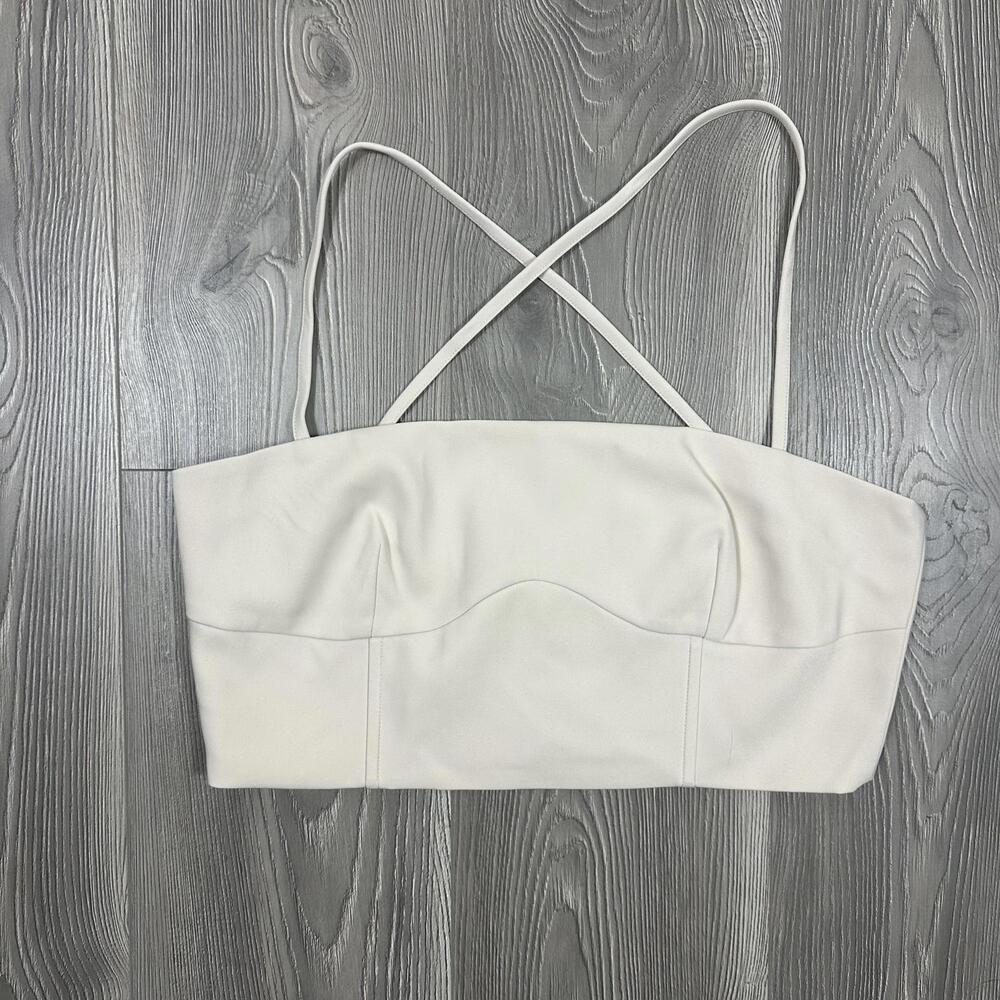 NWT Meshki Beige Bahar Seam Line Crop Top with Cross Strap Back